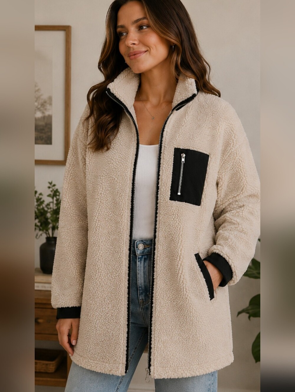 H&M LOGG Faux Shearling Teddy Zip Jacket Beige Black Trim Size Small - Picture 1 of 16